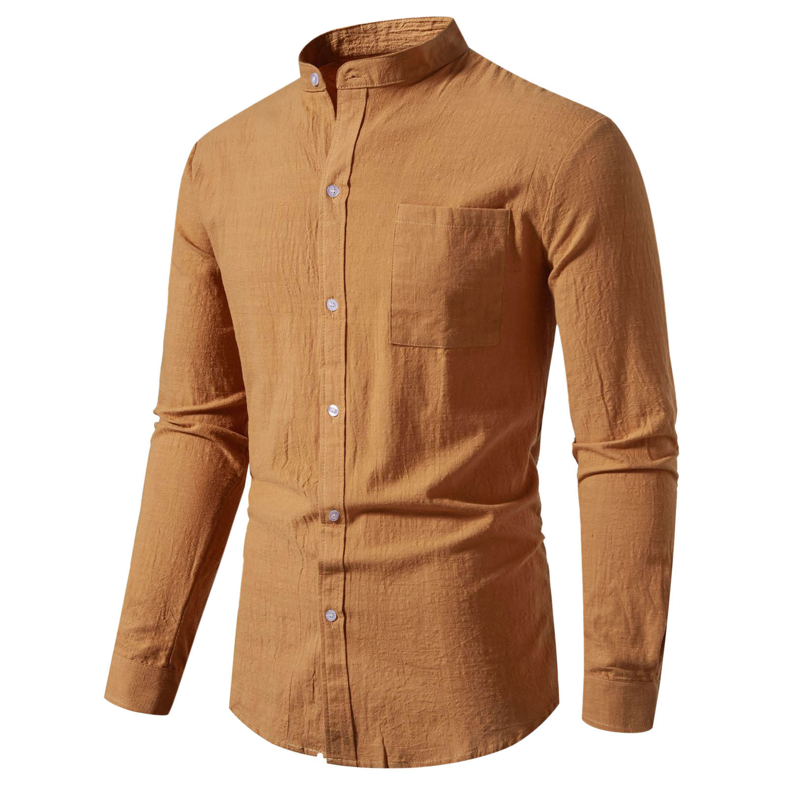 thumbnail image 1 of 2025 Camisa de manga larga de algodón y lino liso para hombre: corte holgado, botones, informal para la playa o acampadas, 1 of 8